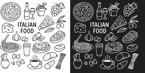  Set of italian food and drinks doodle hand drawn  black vector