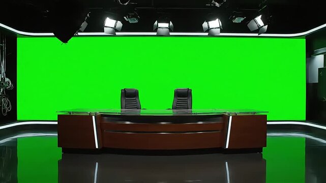Modern news studio with empty desk and large green screen background ready for broadcast