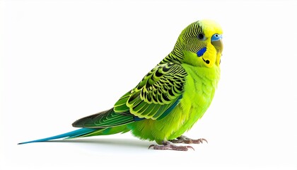 A parakeet bird sitting with bright green feathers photorealistic feather detail white background with soft shadows
