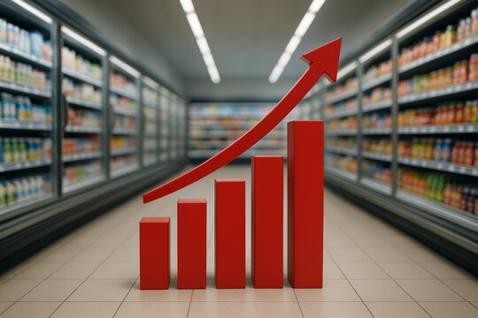 Rising red bar graph with upward arrow in supermarket aisle symbolizing increasing prices and inflation in consumer goods market. Ai generative