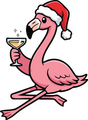 Festive Flamingo Celebrating with Champagne and Santa Hat