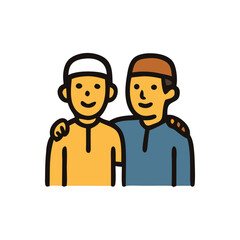 Celebratory feast two cartoonish men wearing caps and traditional clothes enjoy a joyous vibrant celebratory feast.