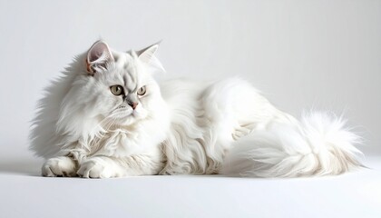 A fluffy Persian cat lying down with tail wrapped around photorealistic texture white background with subtle shading
