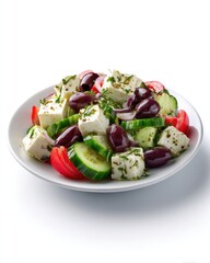 Greek salad with olives, cucumber and feta on a white background, photorealistic