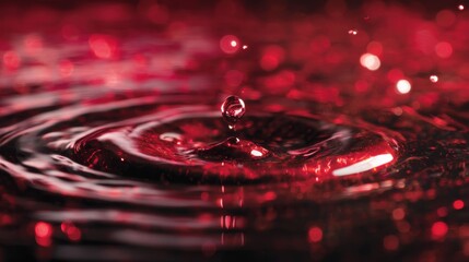 Red liquid, close-up, top view, flowing water ripples, dark background, red light reflecting on the surface of it, glowing effect