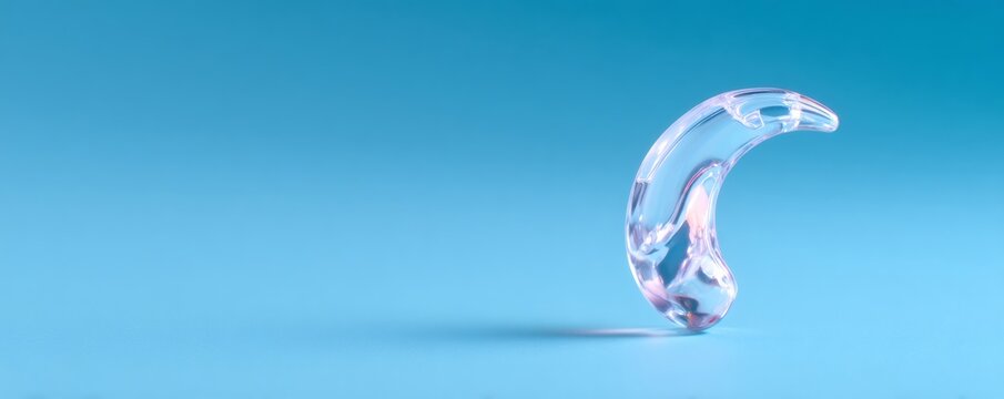 Clear modern hearing aid on blue background. Assistive technology for deaf person. Medical device for hearing impairment concept.