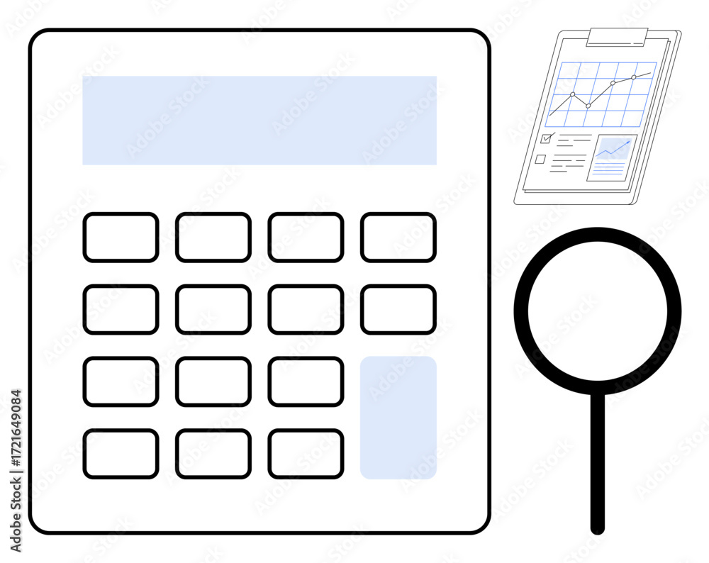 Poster calculator with numeric keypad, magnifying glass, and financial report clipboard with graphs and dat