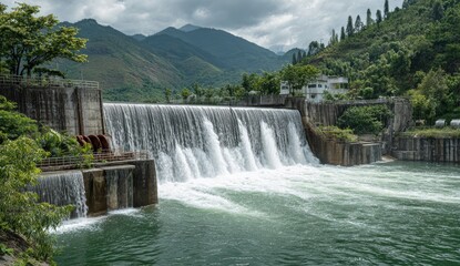 A concrete dam spills water over its spillway into a river valley, surrounded by lush green hills and a cloudy sky