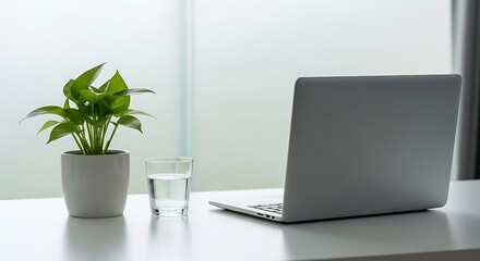 Modern home office setup with a laptop and a green potted plant on a white desk next to a window with sheer curtains