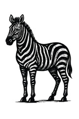 Striking black and white illustration of a zebra standing gracefully on a plain white background