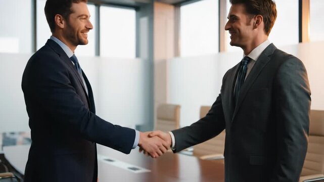 Businessmen Handshake Agreement - Close-up shot of two businessmen shaking hands in a modern office setting, symbolizing a successful business deal or partnership.