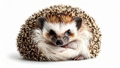 Fototapeta premium A hedgehog curled into a ball photorealistic detail white background with subtle shading 