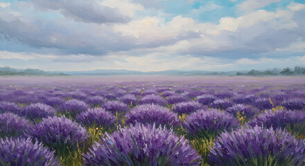 Obraz premium Lavender Field's Dreamscape: A vast expanse of purple lavender flowers stretches toward the horizon under a dramatic cloudy sky, evoking a sense of peace and tranquility.