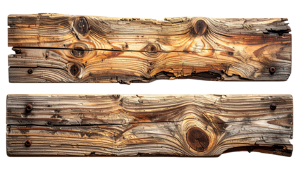 Two weathered wooden planks, horizontal, showing grain and knots