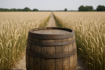 Obraz premium Wooden barrel standing on a path between golden wheat fields under clear sky, surrounded by countryside landscape and summer harvest atmosphere. Ai generative
