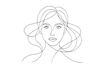 Minimalist Line Art Woman Face with Flowing Hair – Abstract Vector Illustration on Transparent Background