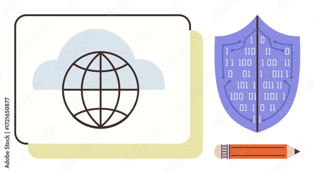 Aufkleber globe inside cloud representing connectivity, shield with binary code for cybersecurity, and pencil 