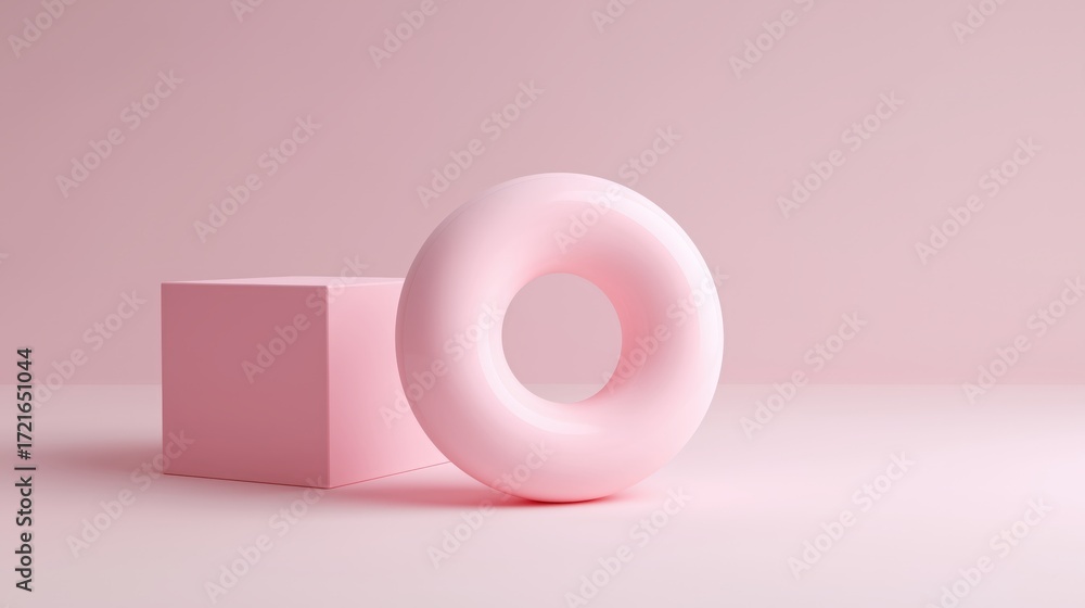 Poster a simplistic and modern design featuring a pink donut shape next to a pink cube against a soft pink 