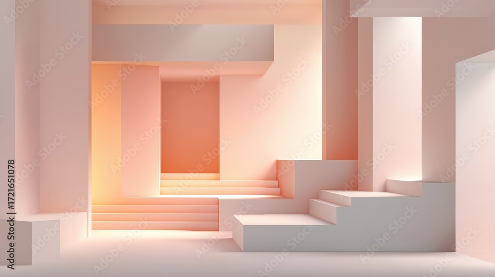 Poster a minimalistic interior space featuring geometric shapes and soft peach lighting, creating a serene 