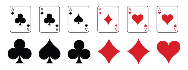 A vibrant vector illustration featuring classic playing card aces and large graphic symbols for clubs, spades, diamonds, and hearts, perfect for casino, game, and gambling concepts