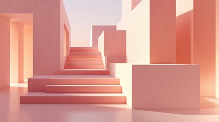 A serene architectural scene featuring pastel pink stairs ascending toward light, creating a minimalist and modern aesthetic.