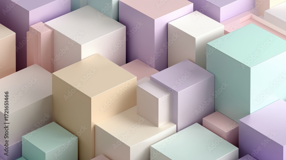 Poster a vibrant arrangement of pastel-colored cubes, forming an abstract pattern that conveys depth and di