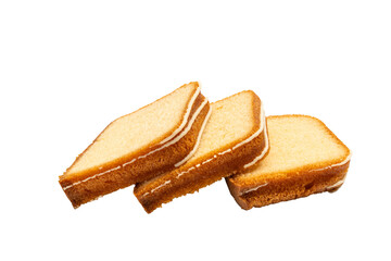 Three cake slices. Three slices of sponge loaf cake with icing drizzle arranged on a white background. Golden-brown crust with fluffy inside. The image is isolated on a transparent PNG background.