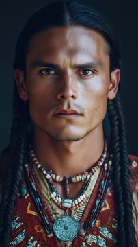A portrait of a Native American male wearing traditional headdress, beaded jewelry and garments, conveying cultural heritage.