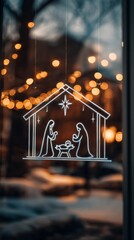 Add a magical touch to your holiday decor with a nativity scene window decoration featuring shimmering bokeh lights, suitable for homes or businesses, capturing the Christmas spirit and creating a