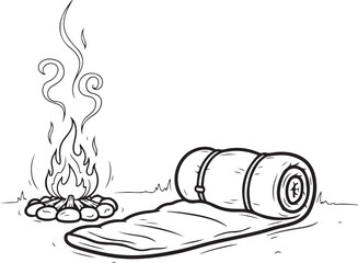 Camping Scene with Campfire and Sleeping Bag Keywords: campfire, fire, sleeping bag, rolled up