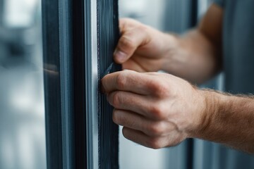 In this close-up shot, an individual is fixing a window seal to improve energy efficiency and home maintenance by sealing leaks, reducing energy costs, and maintaining a comfortable indoor climate