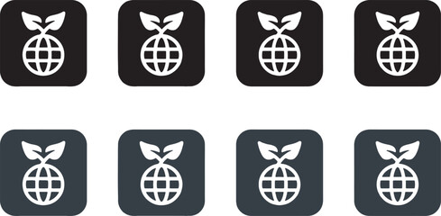 earth, globe, sprout, leaf, growth, nature, eco, ecology, environment, organic, symbol, icon, set, collection, black, white, dark blue, outline, rounded square, graphic, design, element, clean, simple