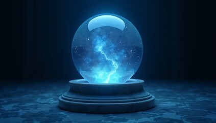 Futuristic Cosmic Sphere Resting on Elegant Stone Base