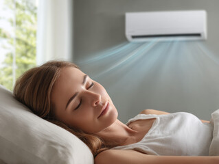 Peaceful woman sleeping comfortably in bed under cool air from modern air conditioner. system provides ultimate climate control with sustainable energy efficiency