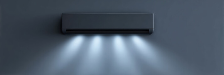 Modern air conditioner unit on wall provides refreshing cool air flow. Using sustainable energy climate control system creates comfortable and calm atmosphere