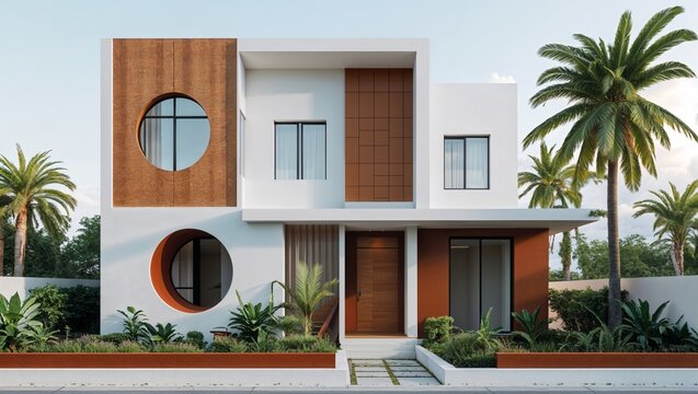 a modern architectural style residential building with a minimalist design. The layout features a combination of geometric shapes, including rectangular and circular elements, creating a visually appe