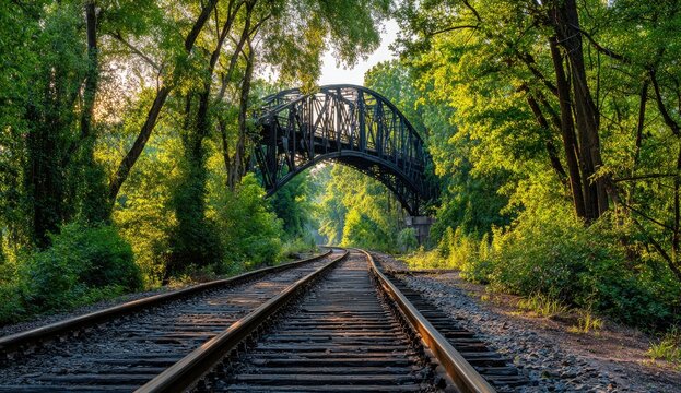 Sunlit railroad tracks vanish beneath a rustic iron bridge arched over lush green foliage