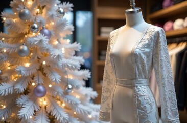 The fabric boutique is decorated in a Christmas theme. In the foreground are a Christmas tree and a mannequin in a dress. In the blurred background are shelves filled with rolls of fabric