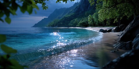 Calm shoreline at twilight with gentle waves lapping against the sandy beach and lush greenery framing the peaceful landscape