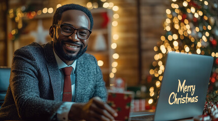 Fototapeta premium Businessman wishing Merry Christmas to employees or clients during online video call. Holiday theme 