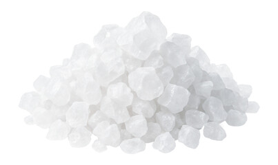 Pile of large white salt crystals on a white background.