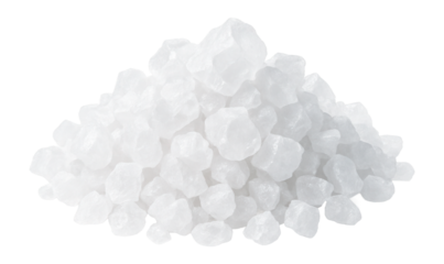 Pile of large white salt crystals on a white background.