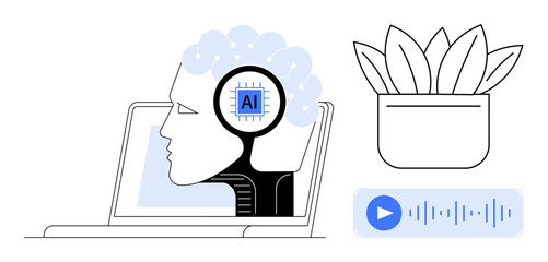Fototapeta premium Digital brain with AI chip on laptop screen, audio waveform, and potted plant. Ideal for AI, tech innovation, machine learning, voice recognition, automation, human-technology connection simple flat