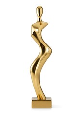 A sleek, modern, abstract golden sculpture of a stylized human figure with flowing curves, standing on a rectangular base against a clean white background.