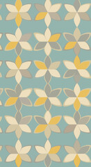 Geometric floral pattern with pastel colors on a teal background.