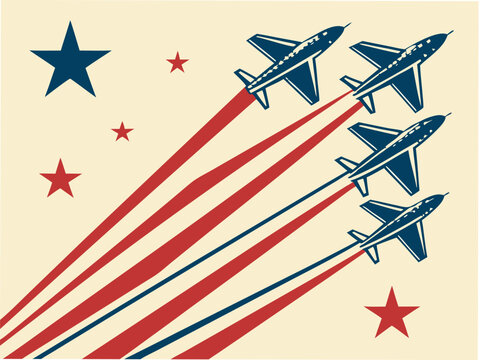 Patriotic celebration design featuring fighter jets soaring with red and blue contrails, embodying freedom, power, and American pride with a vintage flair