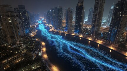 collective. A luminous highway of migratory birds and butterflies creating a bioluminescent river between skyscrapers. ESG reports.