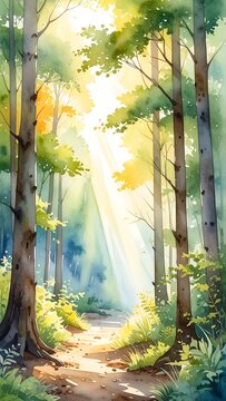 Sunlit forest path, vibrant watercolor
