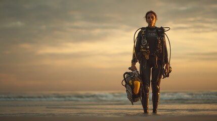 Female scuba diver on tropical beach at golden hour, looking into horizon with confidence, wearing full diving equipment, prepared for underwater adventure, freedom, and marine exploration journey.