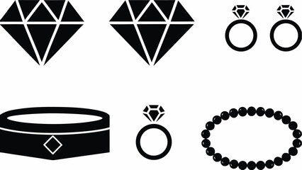 Illustration of two diamonds, three rings, one bracelet, and one band in black and white colors | editable eps vectors silhouette